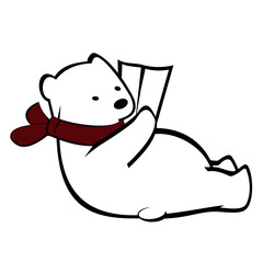 A cute polar bear in red scarf read Newspapper