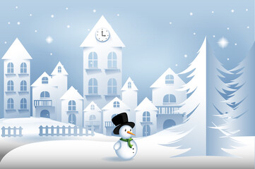Fototapeta premium Winter landscape, christmas background. Paper cut winter scene for christmas card, banner, flyer and wallpaper. Woodland landscape craft useful for postcard, greeting card and cover. Snowman vector