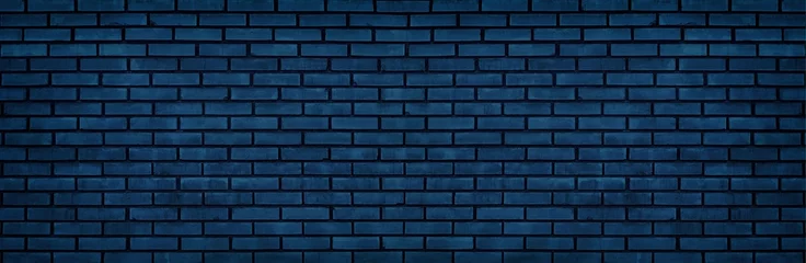 Photo sur Aluminium Mur de briques Navy blue brick wall wide texture. Dark block masonry large widescreen background. Gloomy night indigo backdrop