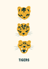 Vector illustration with the muzzles of a tiger for kids textile, children room decoration