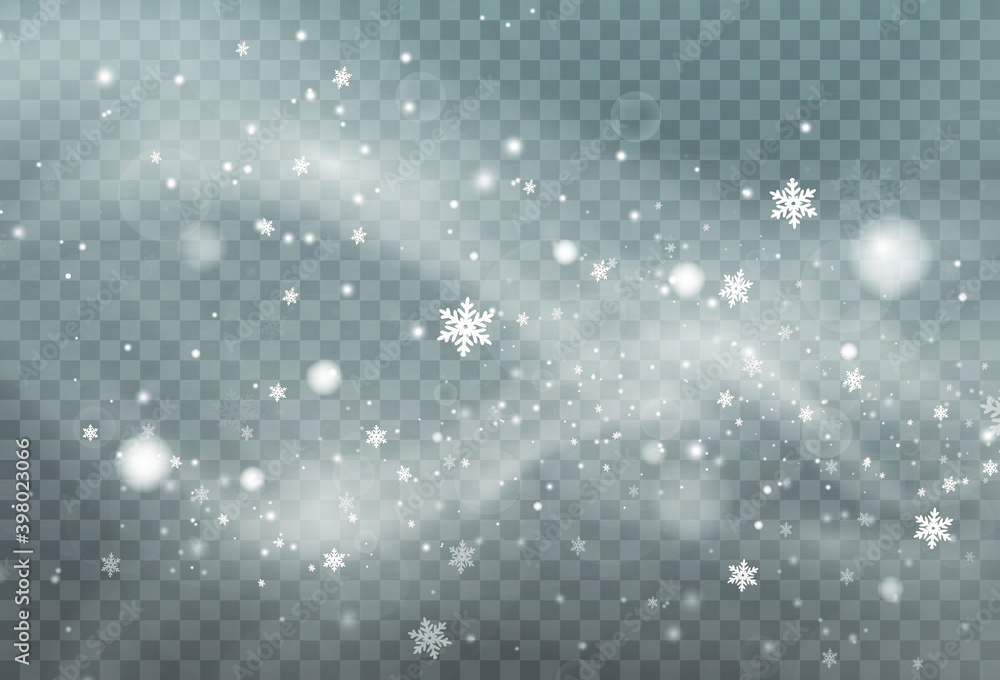 Poster christmas background made of falling snow blown by a strong winter wind. isolated on transparent bac