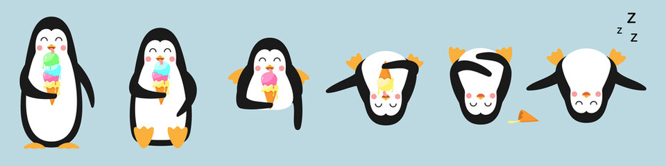 Penguins set. Eating ice cream, sleeping. Cartoon character. Bird, wildlife, animal. Lying position, standing, sitting. Vector illustration.