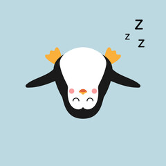 Penguin is sleeping. Cartoon character. Bird, wildlife, animal. Lying position. Vector illustration.