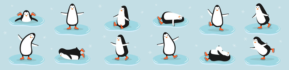 Penguins set. Cartoon character. Bird, wildlife, animal. Lying position, standing, sitting. Vector illustration.