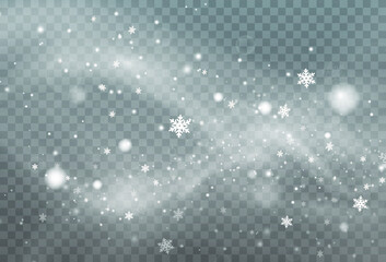 Christmas background made of falling snow blown by a strong winter wind. Isolated on transparent background. White png dust light.