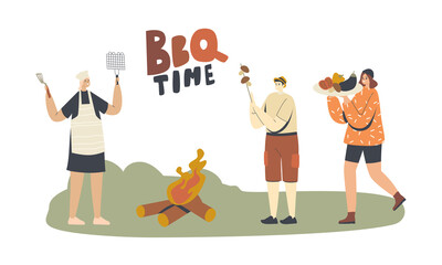 Characters Spend Time Outdoor on Bbq. Family or Friends Cooking, Eating Vegetables, Mushrooms, Sausages or Meat