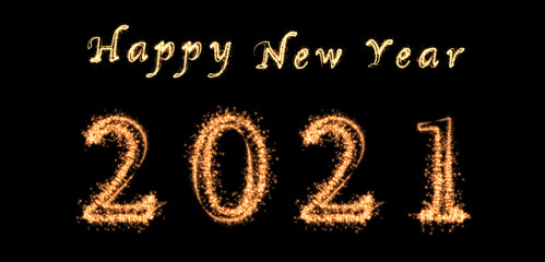 2021 and Happy New Year written with Sparkle firework on dark background, Happy new year and merry christmas celebration, banner and greeting cards concept