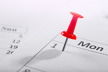 Important date and calendar appointment. Green pin on calendar.