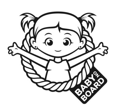 Vector black symbol. Circle with the inscription: Baby on board. Picture of a little girl with ponytails. Isolated on white background.