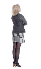 serious young woman looks intently ahead. isolated on a white