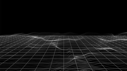 Particles landscape. White dots, perspective grid tech framework. Digital banner, sound waves or wavy surface vector background. Grid pattern geometric wireframe, textured futuristic illustration