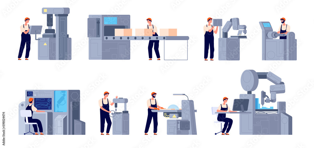 Poster Factory workers. Industrial engineer, industry professionals. Innovation production, flat work electronics process utter vector set. Manufacturing industry, production engineering process illustration