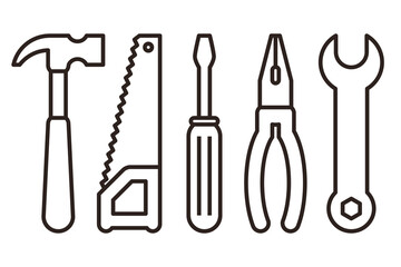 Hammer, saw, screwdriver, pliers and wrench. Tools icon