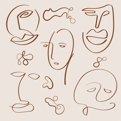 Set of modern line art elements and hand drawn female faces. Vector organic shapes for minimalist design