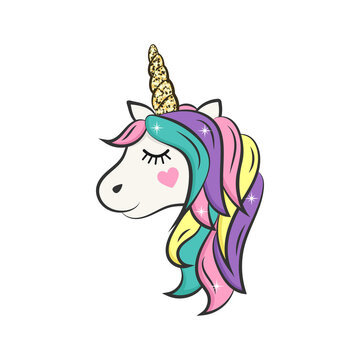 Cute unicorn head isolated on white background. Print for t-shirt. Vector illustration