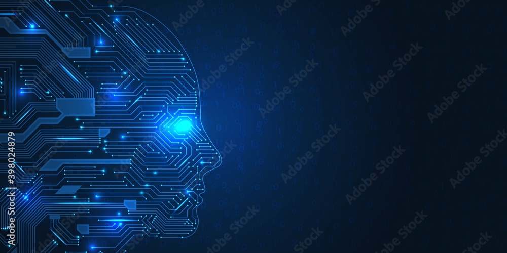 Poster artificial intelligence concept. robot face, digital ai science machine background. technology futur