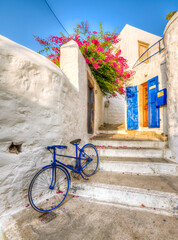 Colorful street of Skala Village in Patmos Island