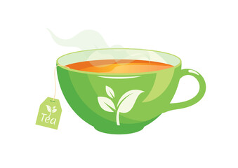 Green cup of hot tea icon vector. Hot tea in a green cup vector. Tea bag in a mug vector. Green cup with tea leaf icon isolated on a white background