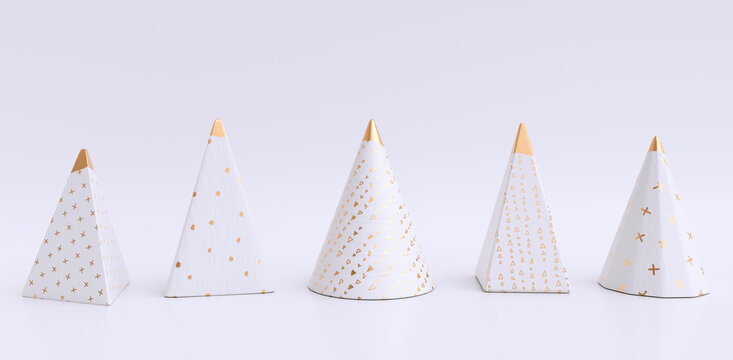 Gold white Christmas concept, geometric Christmas trees in a row, happy new year minimal background 3d illustration
