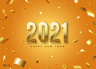 2021 happy new year banner golden color numbers with gold confetti on a yellow background. New year party celebration vector illustration.