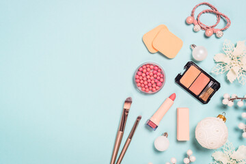 Natural cosmetics for winter make up. Idea for christmas sale, presents for winter holidays. Top view image with copy space.