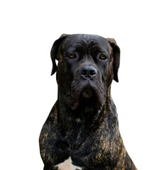 portrait of a serious noble dog of the breed of cane obliquely
Young adult male breed looks at camera Isolated on white background