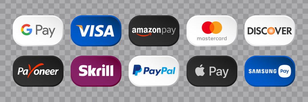 Popular payment systems vector icons. Samsung, apple, google pay, visa, mastercard, amazon, payoneer logo.