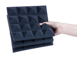 Noise acoustic foam in hand on white background isolation