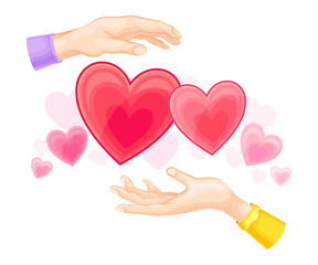 Red Hearts and Male and Female Outstretched Hand as Love and Affection Sign Vector Illustration