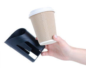 Coffee cup holder for baby stroller in hand on white background isolation