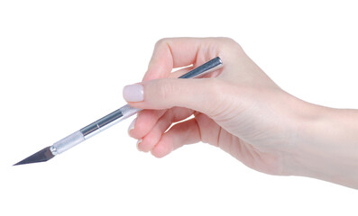 Scalpel precision knife in hand on white background isolation