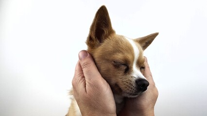 portrait of a dog. Human hands hold the dog's face. Chihuahua in good hands. Portrait of a white short-haired Chihuahua. A dog is a person's best friend.