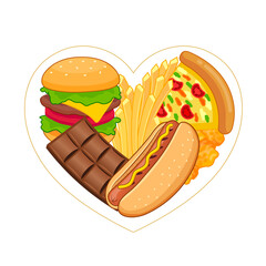 Unhealthy junk food in heart shape. Health care concept. Vector illustration.
