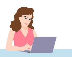 Woman working laptop computer. Woman looking at screen, chatting, reading or writing email. Vector illustration.