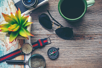 Traveler accessories and items man with tourism backpack and visiting for planning trips travel...
