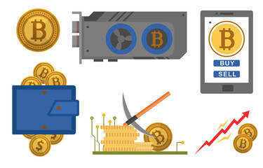 Bitcoin icons set flat style. Digital currency
