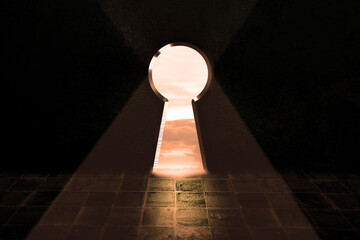 light to the keyhole. BIg dark room with a key doorway to the light life . square tiles floor texture, Surreal abstract concept 