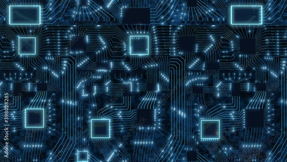 Aufkleber sci-fi digital blue background, printed circuit board with chips and electronic signals 3d render bi
