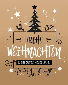 Frohe Weihnachten Kalligraphie. Grußkarte mit Weihnachtsbaum auf goldenem Hintergrund - deutscher Text