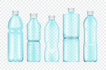 Set of bottles isolated on transparent background. Blue plastic bottles. Water container. Set of icons of plastic bottles. Vector illustration