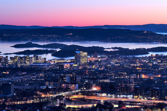 City view of Oslo, Norway during the evening