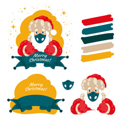 Isolated Elements of Christmas Color Block Character of Santa Claus in a Medical Mask with a Beard, Hat and New Year Costume with Ribbon for Wrapping Paper, Background, Gifts to Covid-19 period