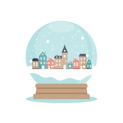 Snow globe with houses inside, vector illustration in flat style