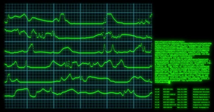 Abstract background with animation of growing diagrams and program code on a computer screen. Seamless loop animation.