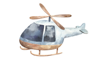 cute blue helicopter with wooden elements, child transport, watercolor illustration on white background © Ilona