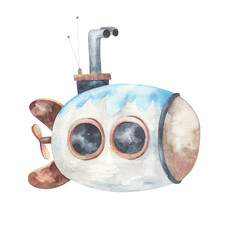 cute blue submarine, child transport, watercolor illustration on white background