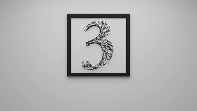 The number three overgrowing with black branches and roots with black frame on a white background. Video 3D animation of numbers. Minimalistic motion background.