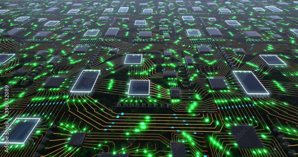 Poster abstract technology concept with moving green lights and imitation of a printed circuit board on a g