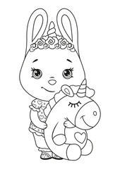 Bunny in pajamas with toy unicorn coloring page. Black and white cartoon illustration