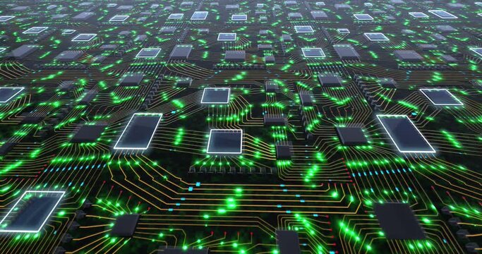 Abstract technology concept with moving green lights and imitation of a printed circuit board on a green background. Internet technologies for business. 4k